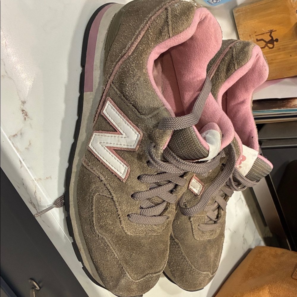 New Balance Taupe Suede Sneakers with Pink Interior